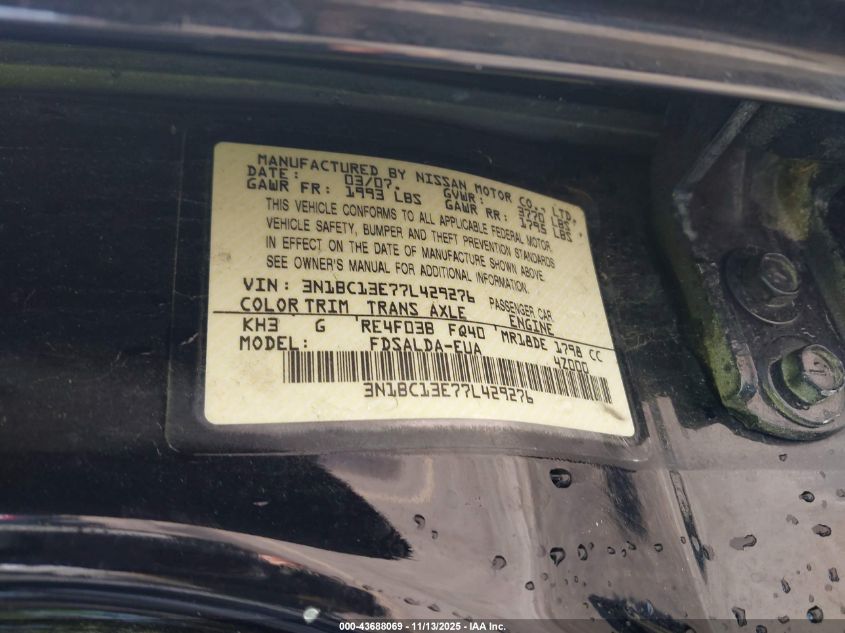 2007 Nissan Versa 1.8S VIN: 3N1BC13E77L429276 Lot: 43688069