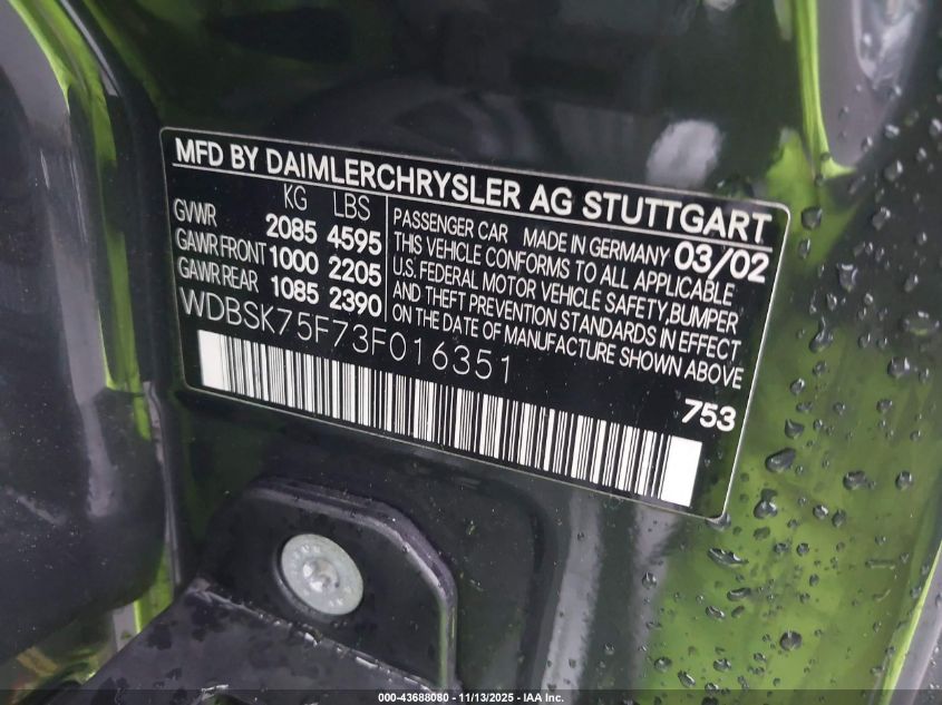 2003 Mercedes-Benz Sl 500 VIN: WDBSK75F73F016351 Lot: 43688080