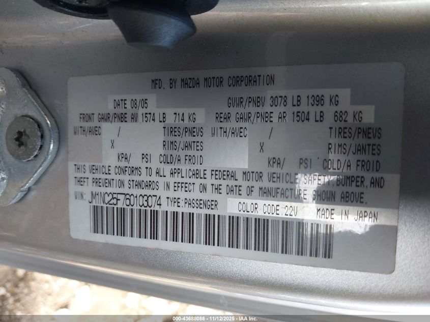 2006 Mazda Mx-5 VIN: JM1NC25F760103074 Lot: 43688086