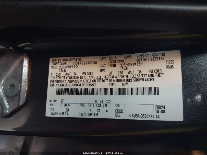 2016 Ford Escape Titanium VIN: 1FMCU9J99GUC00652 Lot: 43688102