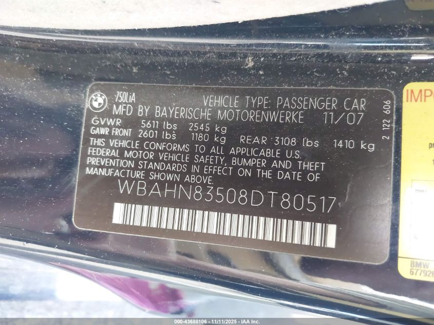 2008 BMW 750Li VIN: WBAHN83508DT80517 Lot: 43688106
