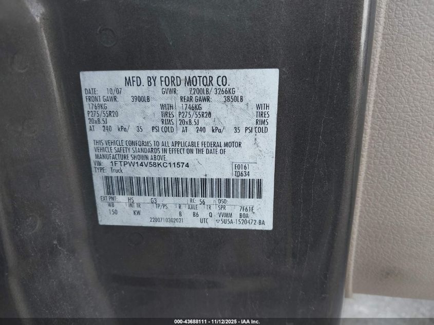 2008 Ford F-150 60Th Anniversary/Fx4/King Ranch/Lariat/Xlt VIN: 1FTPW14V58KC11574 Lot: 43688111