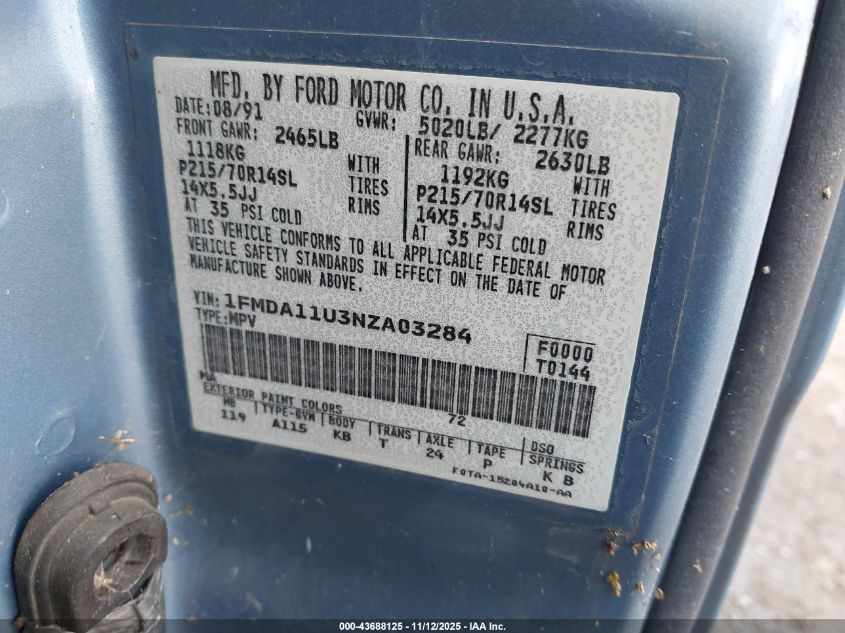 1FMDA11U3NZA03284 1992 FORD AEROSTAR photo no. 9