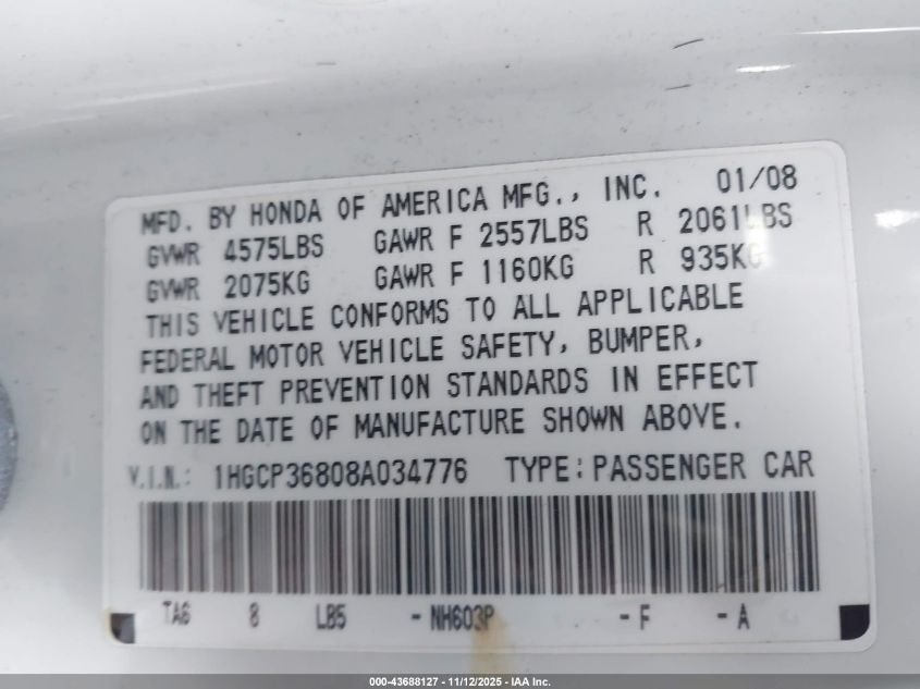 2008 Honda Accord 3.5 Ex-L VIN: 1HGCP36808A034776 Lot: 43688127