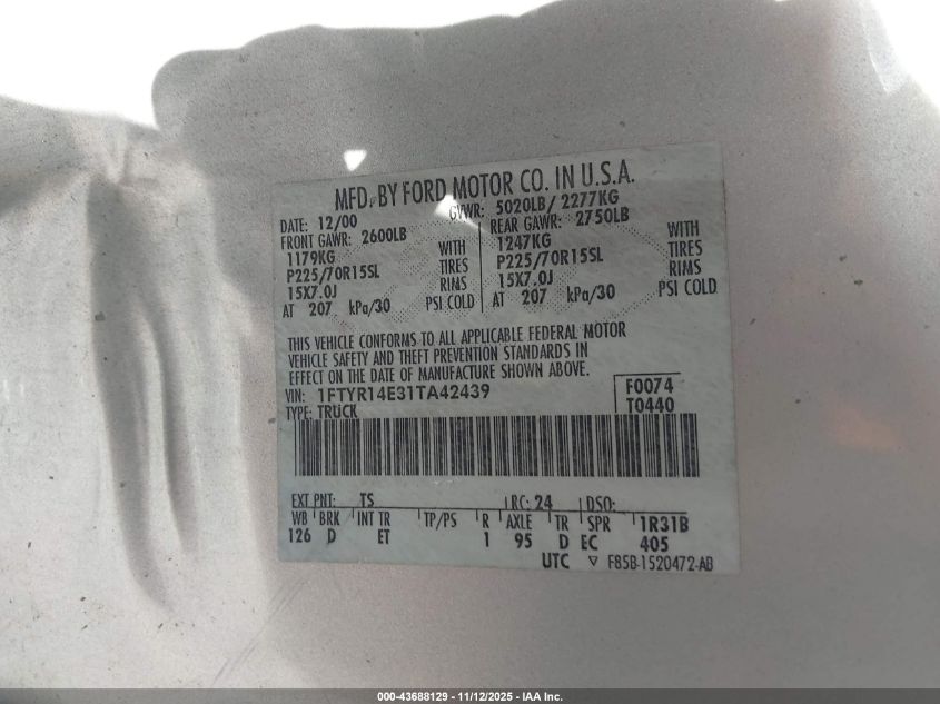 2001 Ford Ranger Edge/Xlt VIN: 1FTYR14E31TA42439 Lot: 43688129