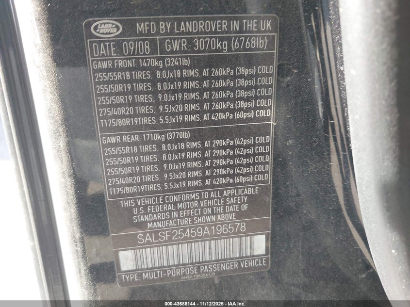 2009 Land Rover Range Rover Sport Hse VIN: SALSF25459A196578 Lot: 43688144