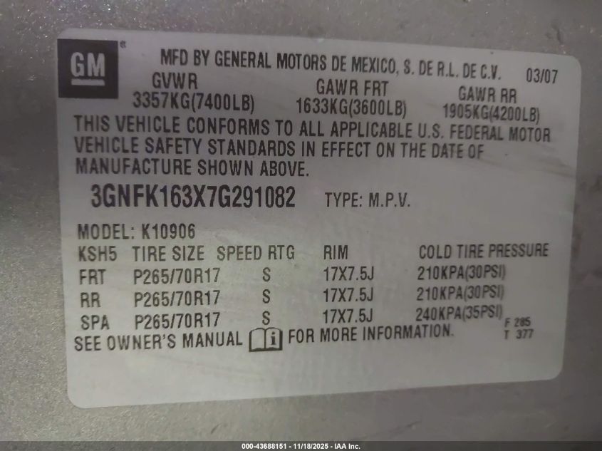 2007 Chevrolet Suburban 1500 Lt VIN: 3GNFK163X7G291082 Lot: 43688151