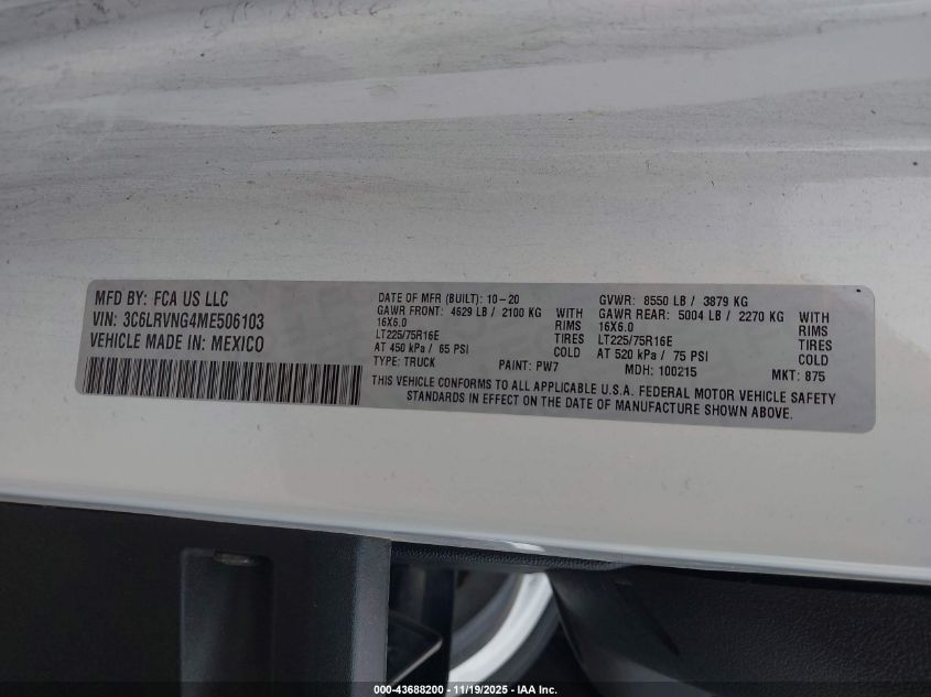 2021 Ram Promaster 1500 Low Roof 118 Wb VIN: 3C6LRVNG4ME506103 Lot: 43688200