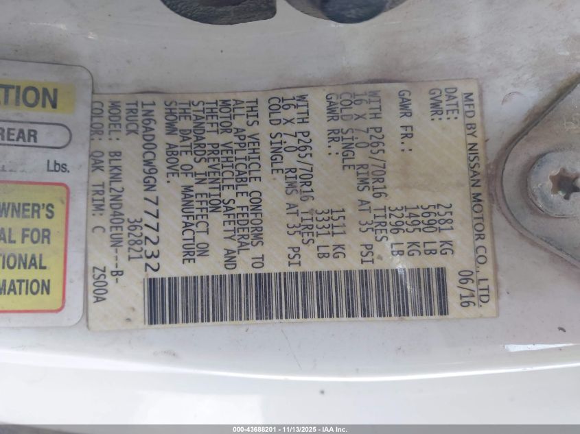 2016 Nissan Frontier Pro-4X/Sv VIN: 1N6AD0CW9GN777232 Lot: 43688201