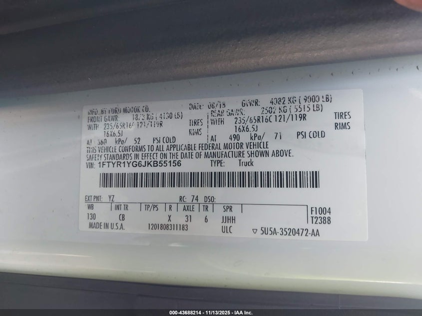 2018 Ford Transit-250 VIN: 1FTYR1YG6JKB55156 Lot: 43688214