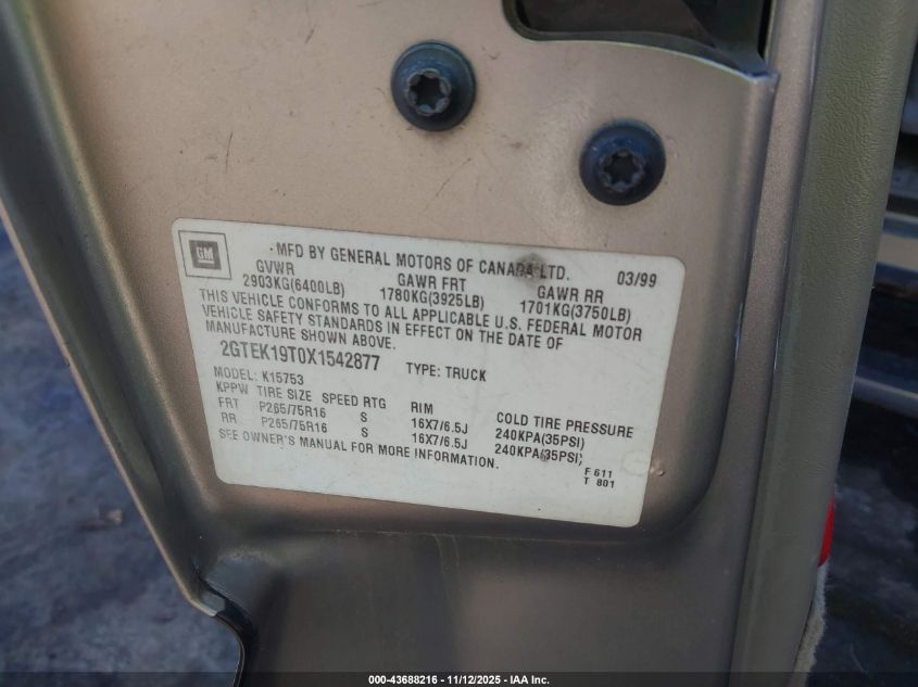 1999 GMC Sierra 1500 Sle VIN: 2GTEK19T0X1542877 Lot: 43688216