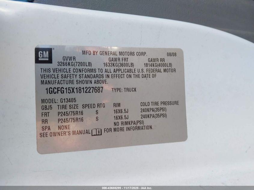 2008 Chevrolet Express Work Van VIN: 1GCFG15X181227687 Lot: 43688299