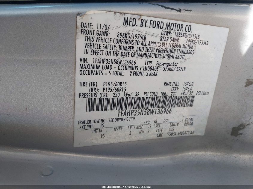 2008 Ford Focus Se/Ses VIN: 1FAHP35N58W136966 Lot: 43688305