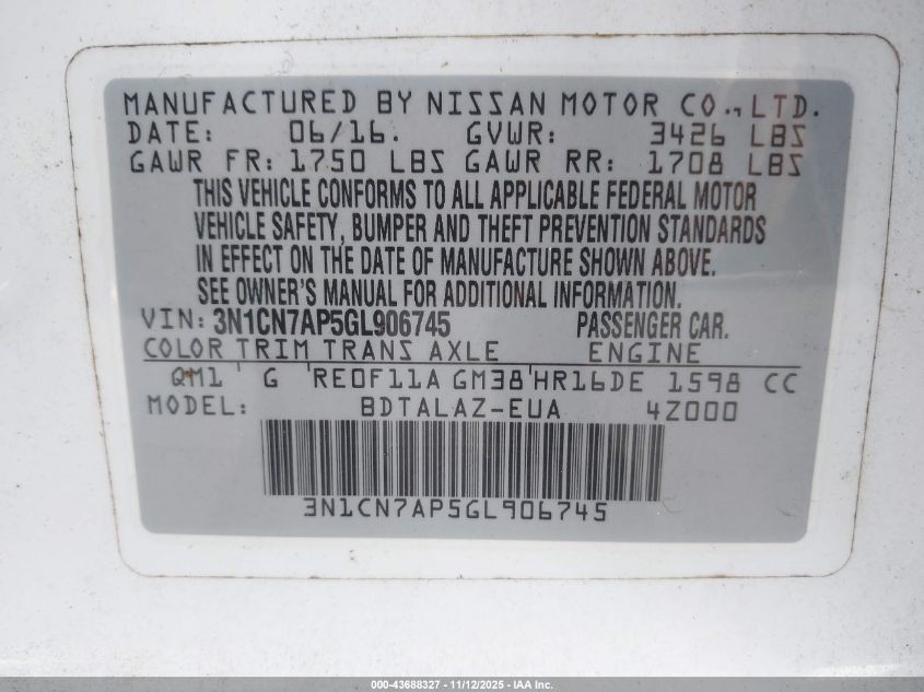 2016 Nissan Versa 1.6 S+ VIN: 3N1CN7AP5GL906745 Lot: 43688327