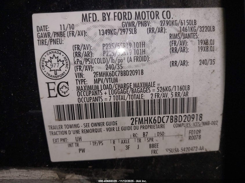 2011 Ford Flex Limited VIN: 2FMHK6DC7BBD20918 Lot: 43688329