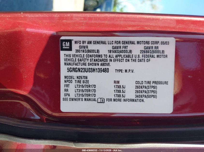 2003 Hummer H2 VIN: 5GRGN23U03H139480 Lot: 43688333