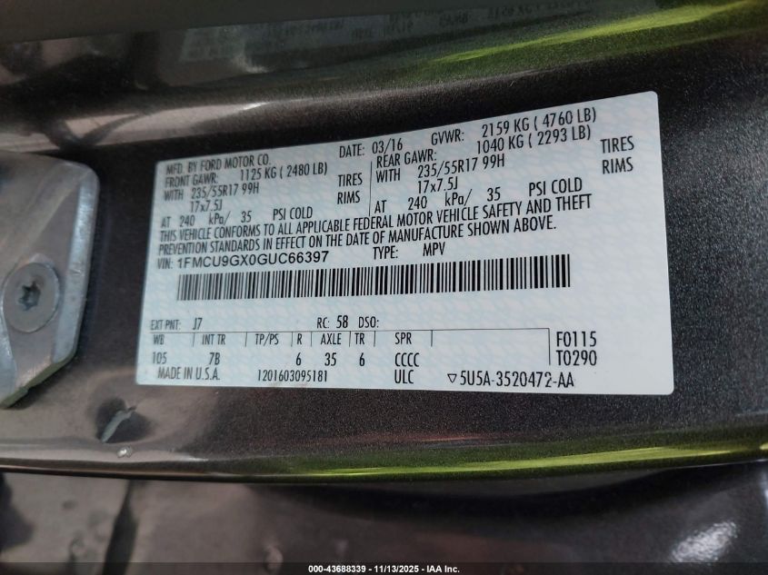 2016 Ford Escape Se VIN: 1FMCU9GX0GUC66397 Lot: 43688339