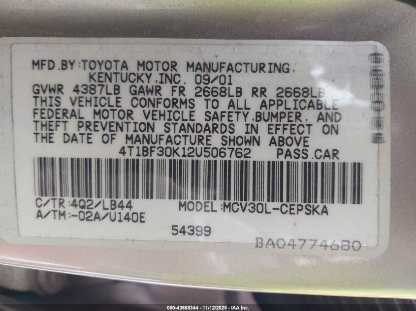 2002 Toyota Camry Se V6 VIN: 4T1BF30K12U506762 Lot: 43688344