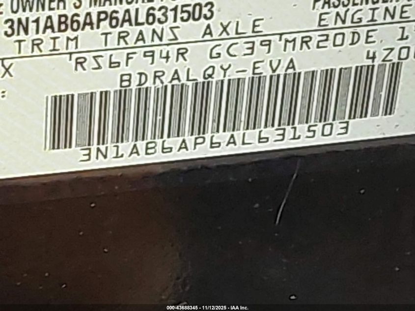 2010 Nissan Sentra 2.0 VIN: 3N1AB6AP6AL631503 Lot: 43688345