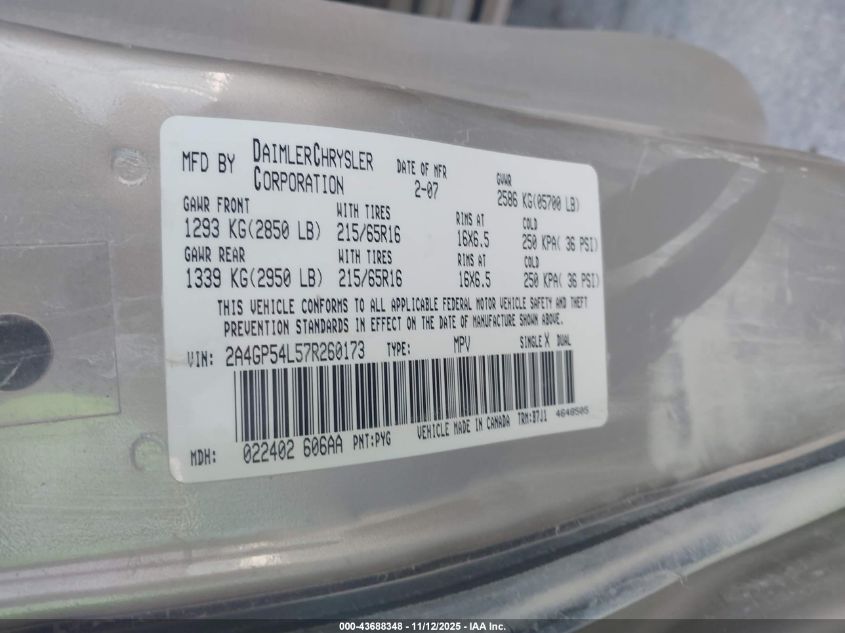 2007 Chrysler Town & Country Touring VIN: 2A4GP54L57R260173 Lot: 43688348