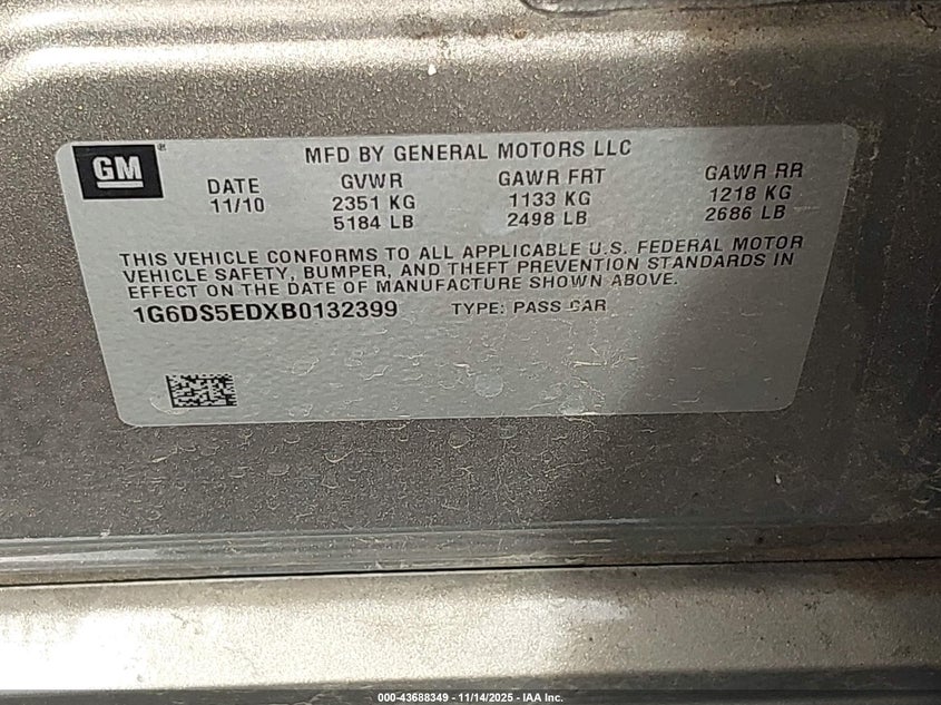 2011 Cadillac Cts Premium VIN: 1G6DS5EDXB0132399 Lot: 43688349