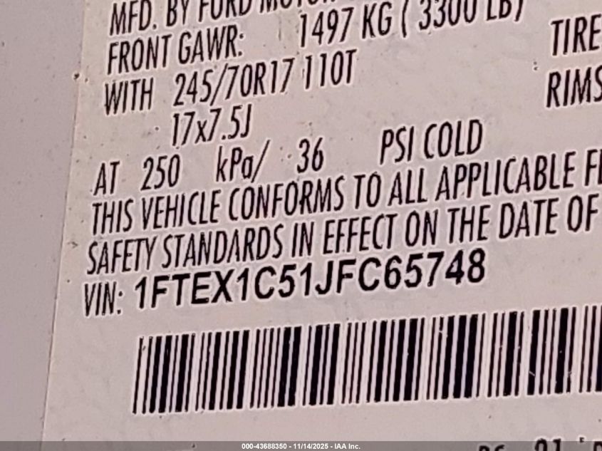 2018 Ford F-150 Xl VIN: 1FTEX1C51JFC65748 Lot: 43688350