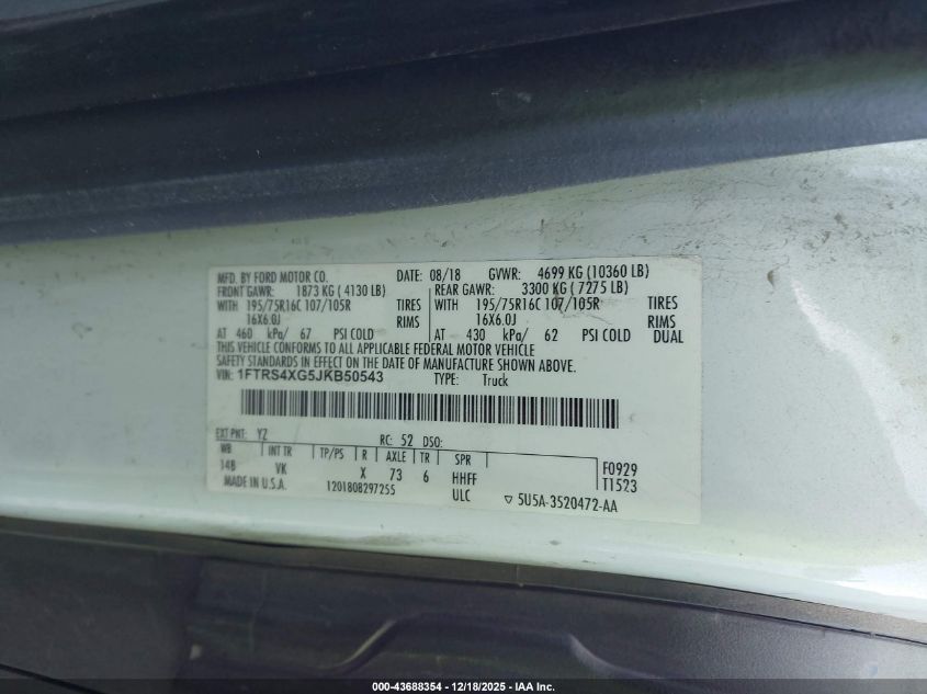 2018 Ford Transit-350 VIN: 1FTRS4XG5JKB50543 Lot: 43688354