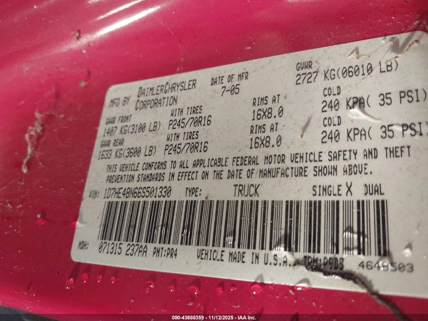 2006 Dodge Dakota Slt VIN: 1D7HE48N66S501330 Lot: 43688359