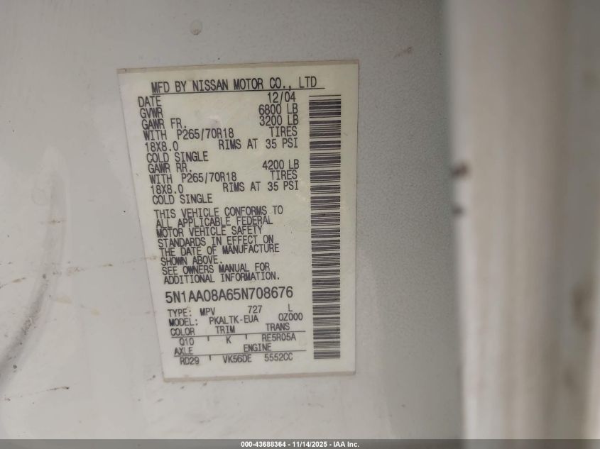 2005 Nissan Armada Se VIN: 5N1AA08A65N708676 Lot: 43688364