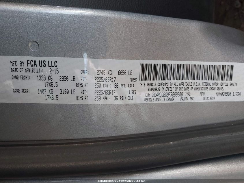 2015 Dodge Grand Caravan Se VIN: 2C4RDGBG9FR669008 Lot: 43688372