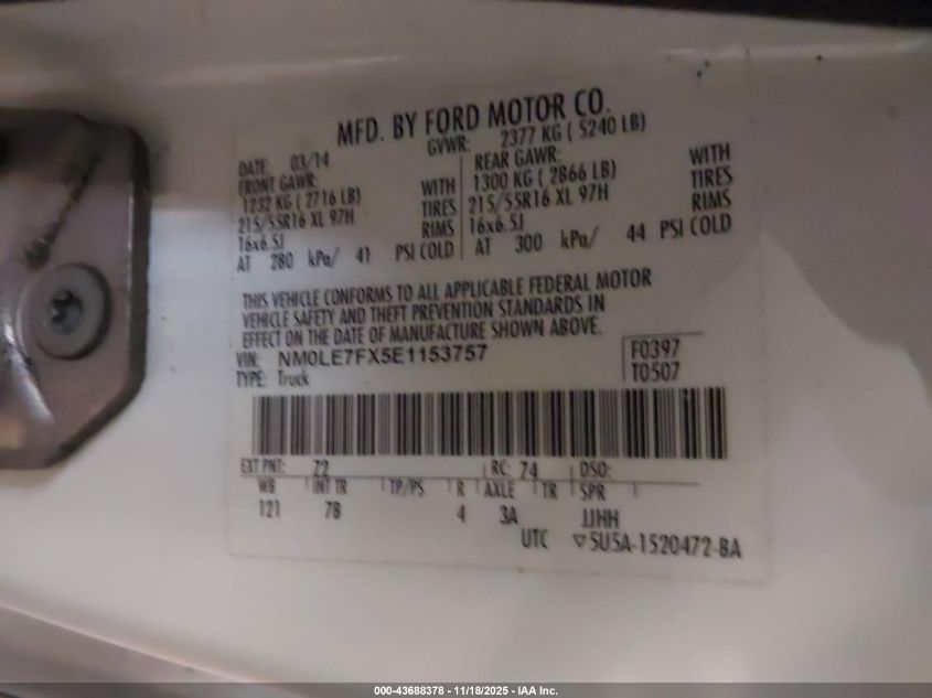 2014 Ford Transit Connect Xlt VIN: NM0LE7FX5E1153757 Lot: 43688378