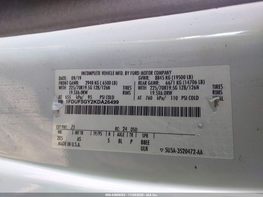 2019 Ford F-550 Chassis Xl VIN: 1FDUF5GY2KDA26499 Lot: 43688383