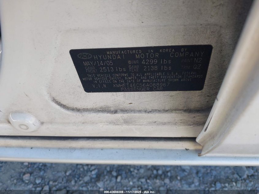 2006 Hyundai Sonata Gl VIN: KMHET46C56A088967 Lot: 43688386