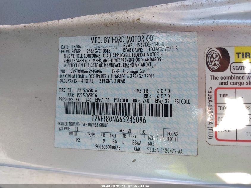 2006 Ford Mustang V6 VIN: 1ZVFT80N665245096 Lot: 43688392