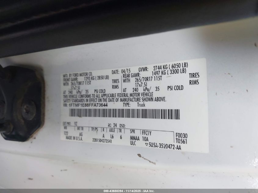 2015 Ford F-150 Xl VIN: 1FTMF1E88FFA73644 Lot: 43688394