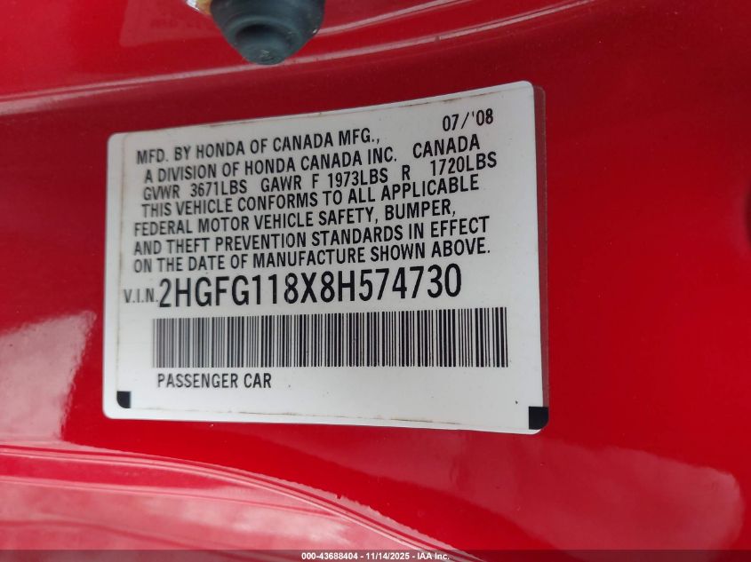 2008 Honda Civic Ex VIN: 2HGFG118X8H574730 Lot: 43688404