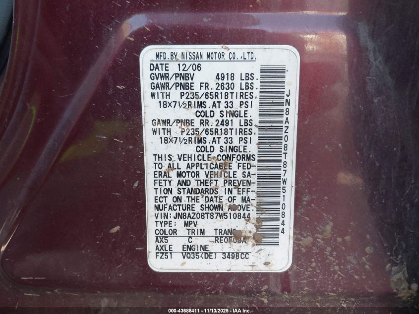 2007 Nissan Murano Sl VIN: JN8AZ08T87W510844 Lot: 43688411