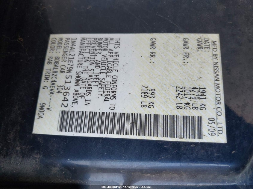 1N4AL21E79N513642 2009 NISSAN ALTIMA photo no. 9