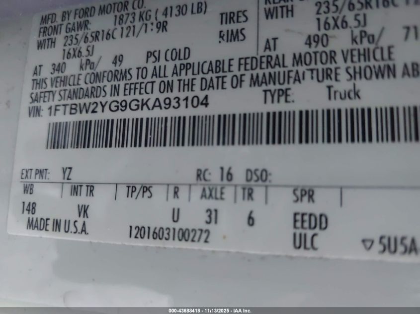 2016 Ford Transit-350 VIN: 1FTBW2YG9GKA93104 Lot: 43688418