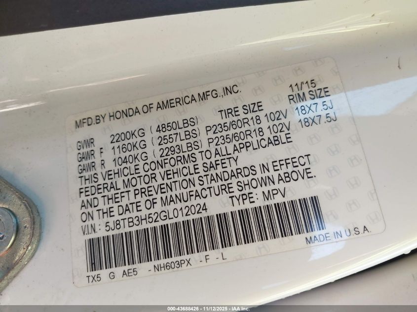 2016 Acura Rdx Technology Acurawatch Plus Packages/Technology Package VIN: 5J8TB3H52GL012024 Lot: 43688426