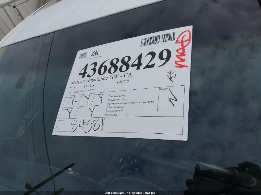 2015 Lexus Gs 350 VIN: JTHBE1BL6FA017507 Lot: 43688429