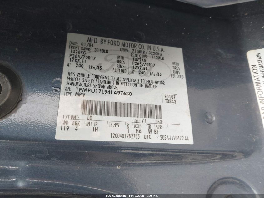 2004 Ford Expedition Eddie Bauer VIN: 1FMPU17L94LA97630 Lot: 43688446