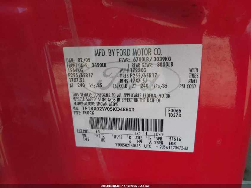 2005 Ford F-150 Stx/Xlt VIN: 1FTRX02W05KD48803 Lot: 43688448