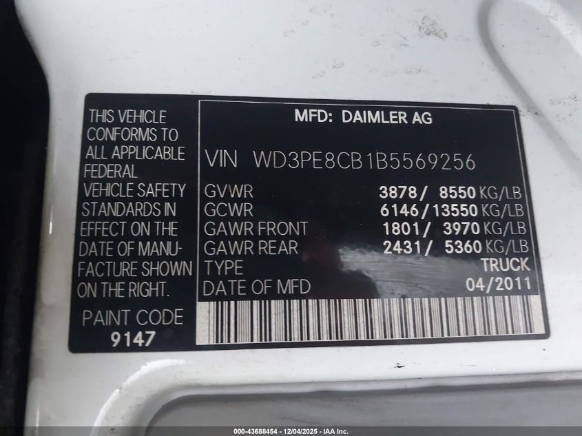2011 Mercedes-Benz Sprinter 2500 High Roof VIN: WD3PE8CB1B5569256 Lot: 43688454