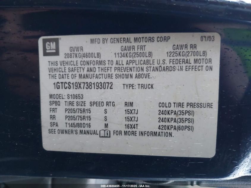 2003 GMC Sonoma Sls VIN: 1GTCS19X738193072 Lot: 43688455