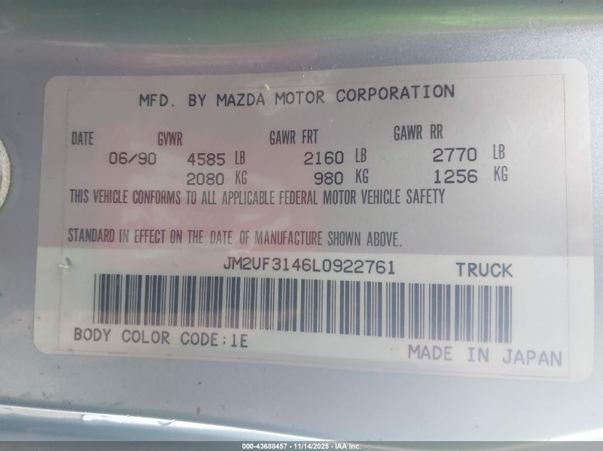 1990 Mazda B2600 Cab Plus VIN: JM2UF3146L0922761 Lot: 43688457