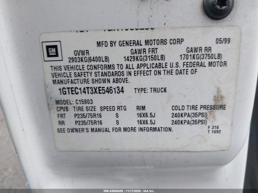 1999 GMC Sierra 1500 Sl VIN: 1GTEC14T3XE546134 Lot: 43688459