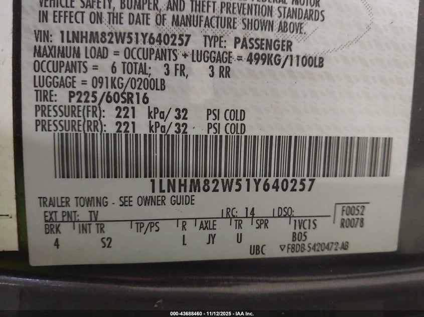 2001 Lincoln Town Car Signature VIN: 1LNHM82W51Y640257 Lot: 43688460