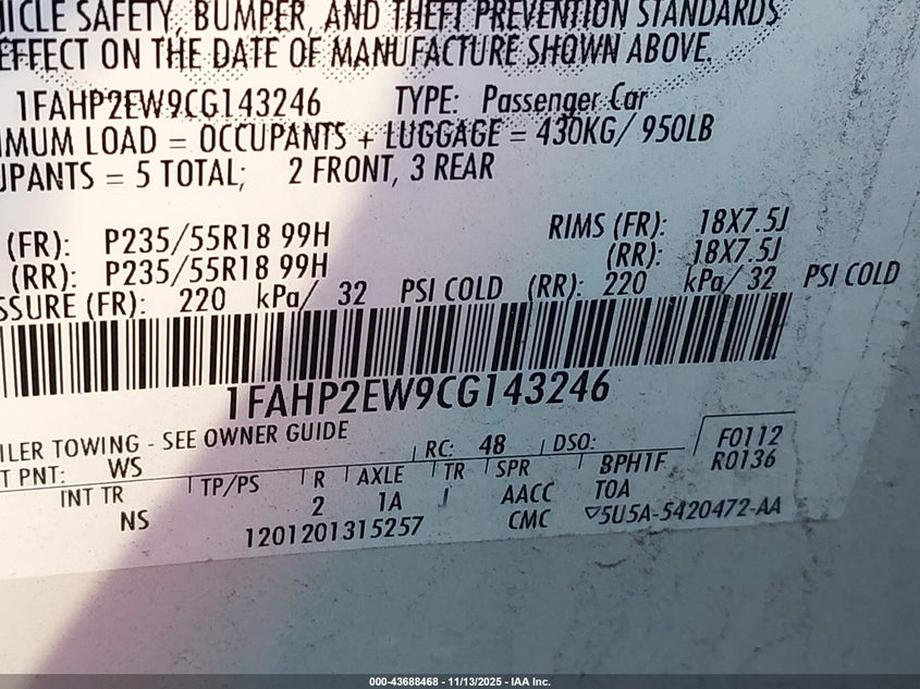 1FAHP2EW9CG143246 2012 FORD TAURUS photo no. 9