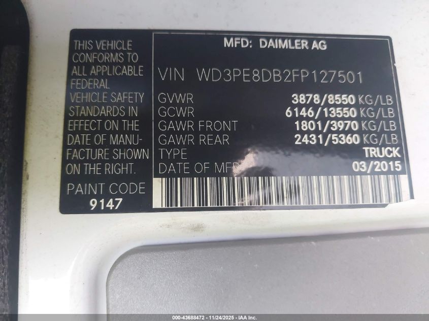 2015 Mercedes-Benz Sprinter 2500 High Roof VIN: WD3PE8DB2FP127501 Lot: 43688472